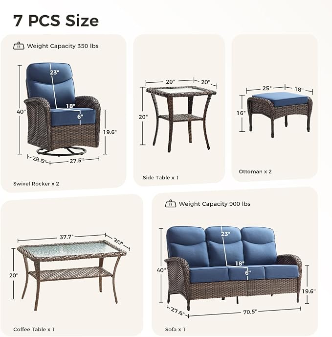 Luxury Patio Furniture Set with 6-inch Thick Cushions, Outdoor Furniture Set with High Back Swivel Chairs, 7 PCS Wicker Outdoor Conversation Set for Porch, Patio, Yard, Deck, Poolside, Brown/Blue
