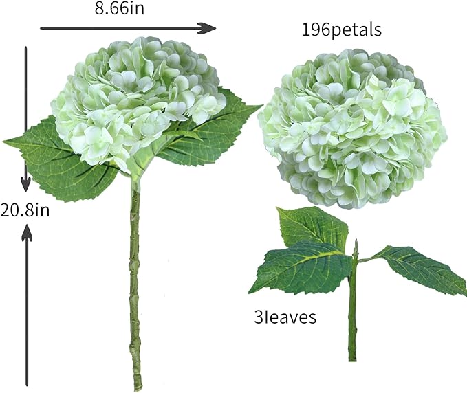 Green Hydrangea Artificial Flowers - High-End 22.5cm Oversized Heads (4pcs) | Real-Touch Design | Perfect for Christmas, Weddings, Home Decor, Parties & Outdoor Use (Light Green)