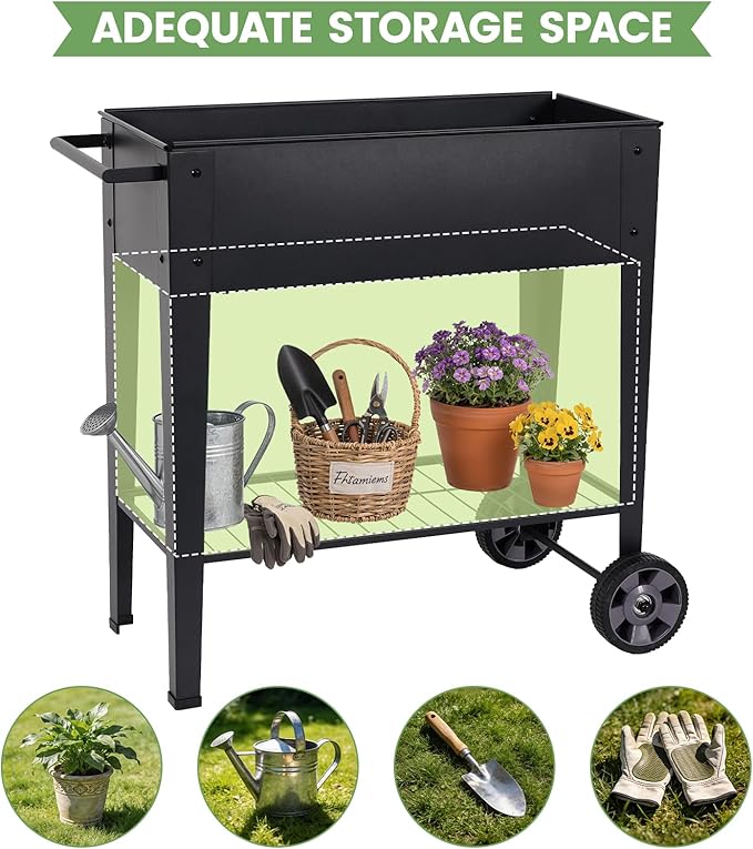 Elevated Raised Garden Bed with Legs- Galvanized Raised Beds for Gardening on Wheels, Anti-Rust Steel Planter Box with Storage Rack& Drain Hole for Backyard Patio Balcony (Black)
