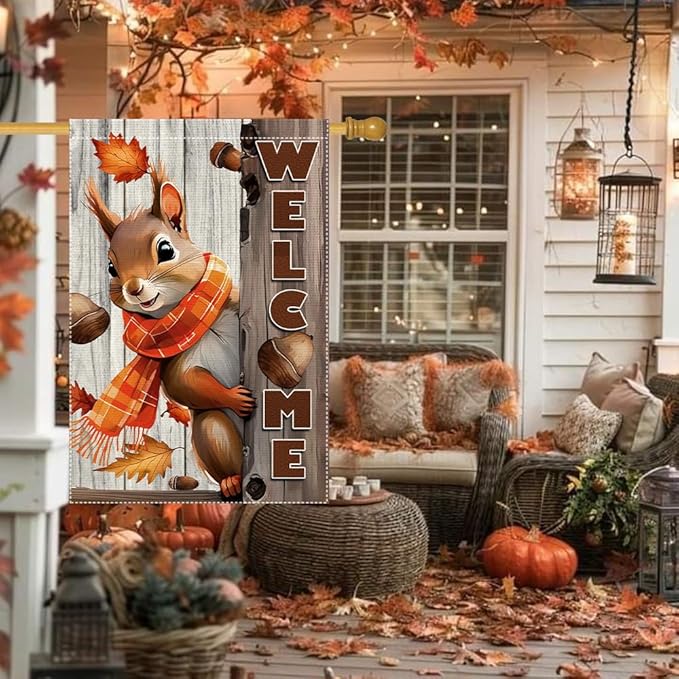 Welcome Fall Garden Flag 28x40inch The Nut Squirrel Fall Autumn Thanksgiving Garden Flags Yard Porch House Flag Double-Side For Home Outdoor Yard Patio Lawn Decor, Garden Decorations (RMQ-718D, 28"X40")
