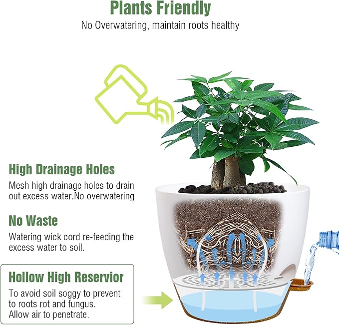 UOUZ 12inch 2Pack Large Self Watering Planters, Plastic Plant Pots with 60oZ Removable Deep Reservoir and Multi Mesh Drainage Holes for Indoor Outdoor Garden Plants and Flowers, White with Brown