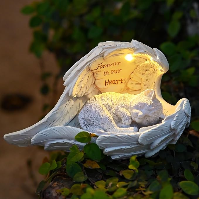 ZhiYo-GD Pet Cat Solar Garden Memorial Statue – Outdoor Resin Angel Kitty with Solar Light, Guardian Angel Kitten Memorial Gift for Patio, Lawn, Yard, or Garden Christmas Decor