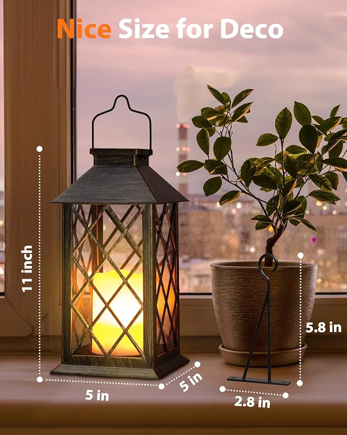Otdair Solar Lanterns Outdoor Waterproof with Hook, 2 Pack 14" Solar Lantern with Glass Retro LED Flickering Flameless Candle,Lanterns Decorative Outdoor for Gift, Yard, Garden, Patio, Bronzen