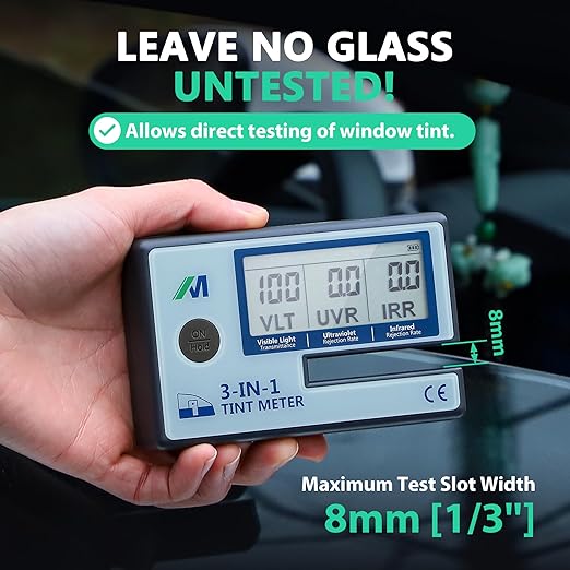 Mxmoonfree Tint Meter, Digital Window Tint Meter, 3-in-1 Solar Film Transmission Meter, UV IR Rejection Meter Spectrum Tester for Precise Filmed Glass Testing Window Tint, for Roll Down Windows ONLY