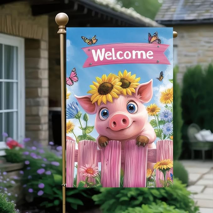 Spring Garden Flag 12x18 Inch Double Sided Outdoor Decoration Flags Welcome Pig with Sunflowers Colorful Floral and Butterflies Yard Banner for Spring or Summer