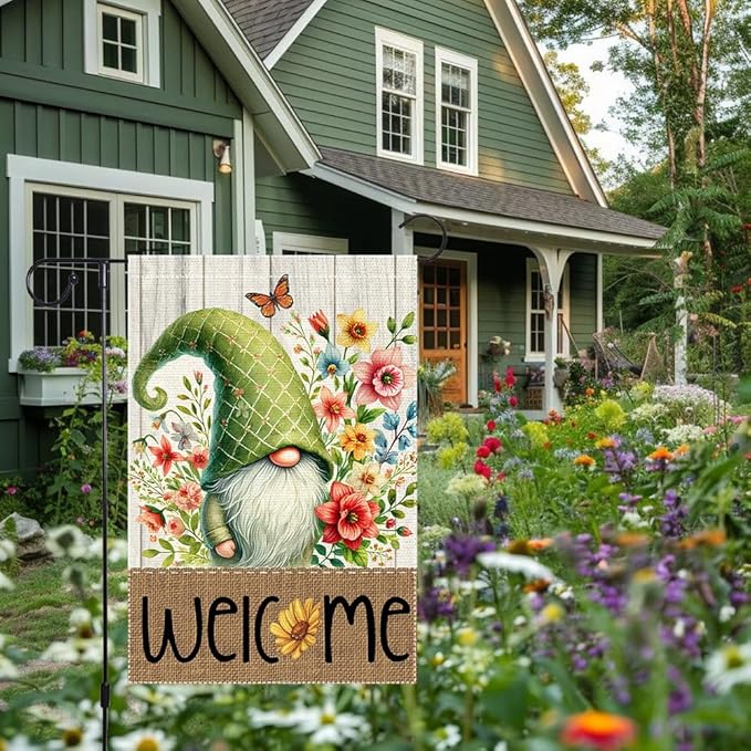 Gnome Garden Flags 12x18 Inch Double Sided Small Burlap Spring Summer Seasonal Holiday Wildflowers Home Outdoor Yard Lawn Welcome Buffalo Plaid Flag Decor