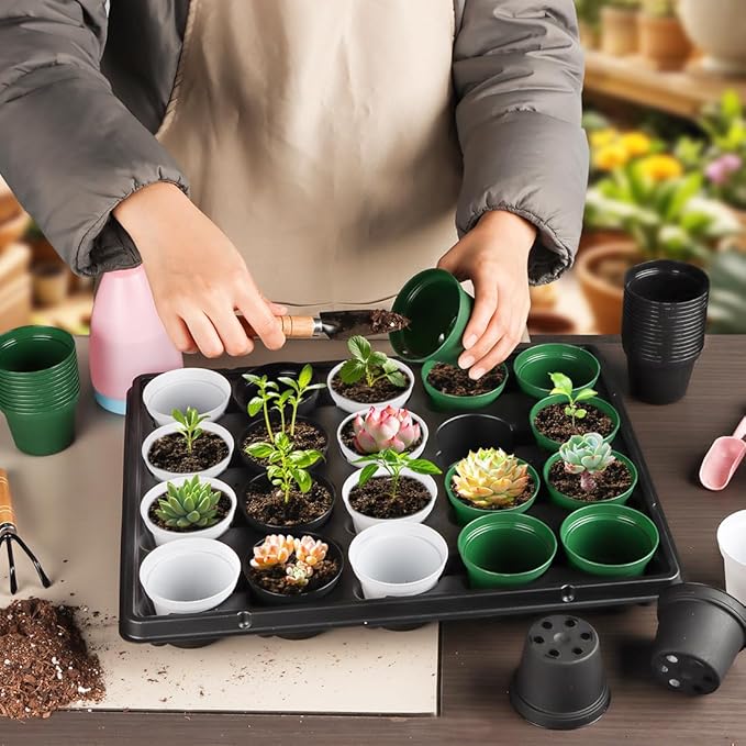 RooTrimmer 60 Pack 3 Inch White Nursery Pots - Plastic Seedling, Seed Starter, Germination Pots with Drainage for Plants, Succulents, Flowers, Transplanting Gardening Gifts