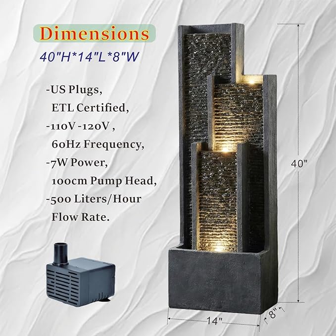 40" H Outdoor Water Fountain, Modern Floor Standing Cascading Waterfall with LED Lights, Resin Water Feature for Porch Patio Garden Home Office, Black
