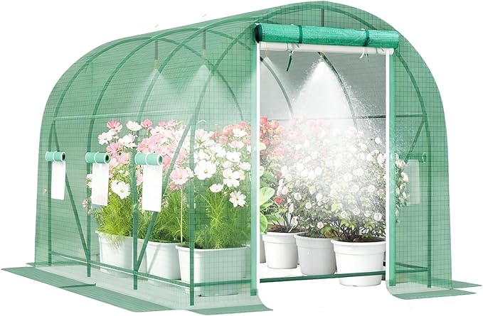 Greenhouse with Watering System, Portable Green House for Outside, Greenhouses Kit for Outdoor with Metal Frame, Thicken PE Cover (Green Cover, 9.8x6.5x6.5 FT w/ Irrigation System)