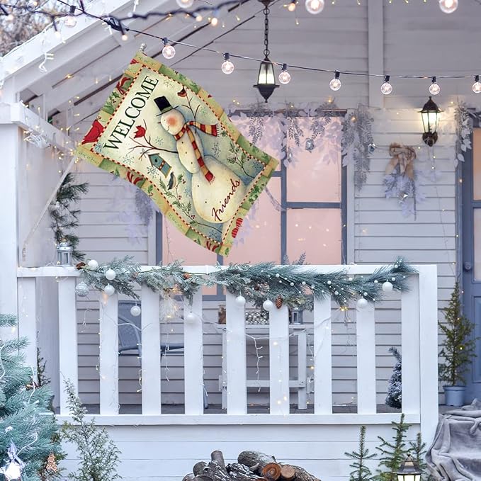 Morigins Welcome Friends Snowman and Cardinals Decorative Happy Winter House Flag 28x40 inch