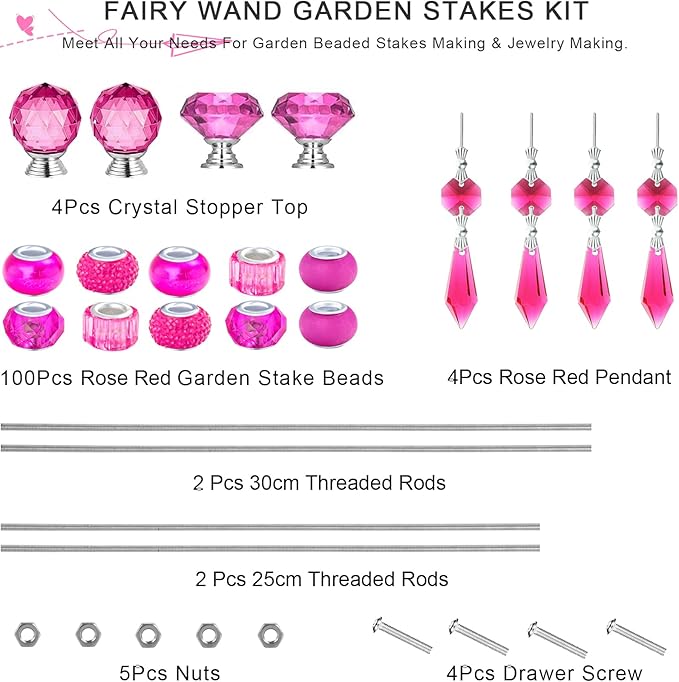 121 Pcs DIY Fairy Wand Beaded Garden Stakes Kit, Fairy Wands Garden Kit Rose Red Large Hole Bead with Pendants Crystal Stopper Top Threaded Rod Beaded Garden Stakes Supplies for Outdoor Decorative