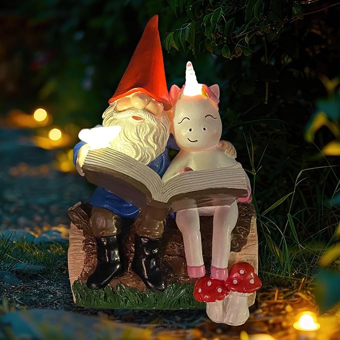 8'' Gnome and Unicorn Reading Book Statue,Funny Garden Gnomes Outdoor Statues for Garden Decor with Solar Lights,Gnomes Decorations for Yard Patio Lawn Cute Ornament Decoration,Gifts for Girl,Grandpa