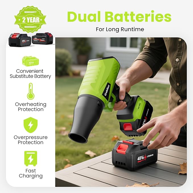 Leaf Blower Cordless, 48V Dual Batteries, 30000 RPM Turbo Jet Blower with Extended Nozzles, Digital Camera – 4K 64MP, 18X Zoom, Leaf/Car/Snow/Dust Cleaning in Patio & Yard, Green