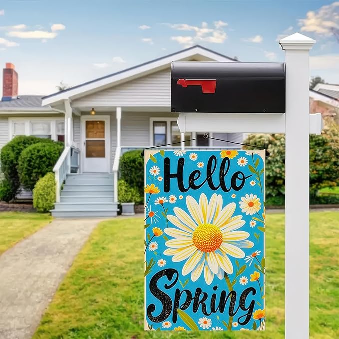 Spring Garden Flag Spring Yard Flag Vibrant Daisy "Hello Springs" Backdrop Design Double-Sided 12x18 Inches Garden Flags for Outside Yard Flag for Seasonal Outdoor Decor