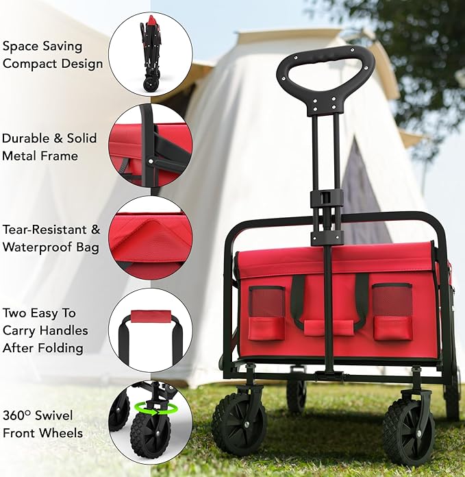 Lifetime Home Collapsible Foldable Heavy Duty Utility Wagon Cart with Larger Capacity - Perfect for Shopping, Sports Events, Grocery, Moving, Camping, Laundry, Beach - Red