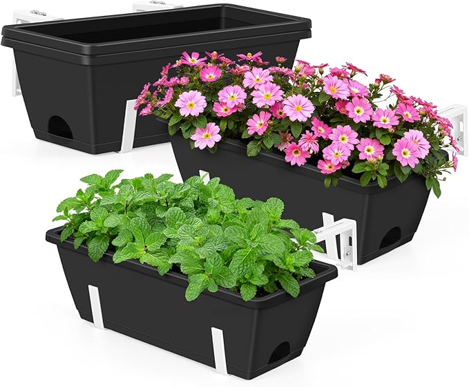 OYEAL 4 Pack Railing Planter Box Outdoor, 17 Inch Plastic Flower Pots with Adjustable Brackets, Hanging Window Boxes Planter Flower Herb Plant Pot for Garden Fence Patio, Balcony Decor, Black & White