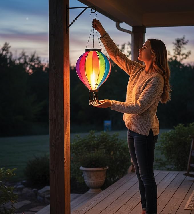 Regal Art & Gift Hot Air Balloon Solar Lantern – Hanging Solar-Powered LED Lights, Waterproof Portable Decorative Outdoor Lamp Made of Metal & Glass for Garden, Patios & Pathway – Rainbow(X-Large)