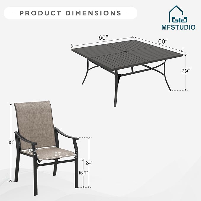 MFSTUDIO Patio Table and Chairs Set, 9 PCS Outdoor Patio Dining Set with 8 Sling Dining Chairs and 1 Square Heavy Duty Metal Table for 8, All Weather Resistant Patio Dining Furniture, Grey