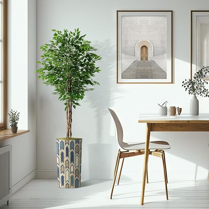 Artificial Tree in Modern Polygon Pattern Effect Planter, Fake Ficus Silk Tree for Indoor and Outdoor Home Decoration - 75" Overall Tall (Plant Pot Plus Tree)