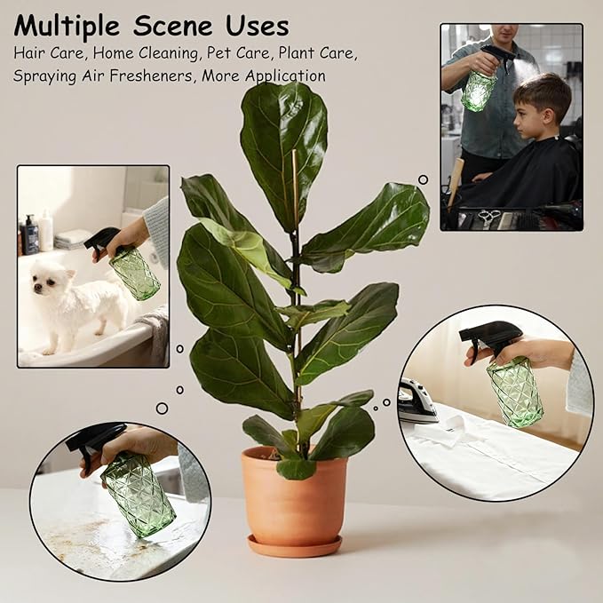 Green Glass Plant Mister Bottle, 12oz Refillable Water Spray Bottle with Adjustable Mist Nozzle for Indoor Flowers, Outdoor Gardening, Cleaning, Hair and Pets Care