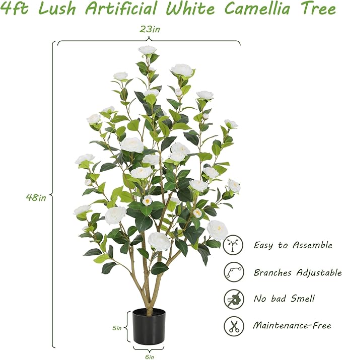 Nafresh 4FT Lush Artificial White Camellia Tree Outdoor 2 Pack, 48inch Faux Camellia Plant, Fake Camellia Flowers Tree for Indoor Outdoor Living Room Home Patio Front Door Garden Decor