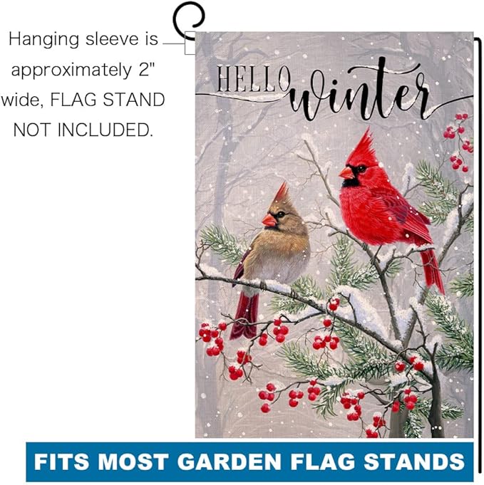 BLKWHT Winter Cardinal Bird Garden Flag 12x18 Vertical Double Sided Farmhouse Trees Snow Christmas Holiday Outside Decorations Burlap Yard Flag BW233