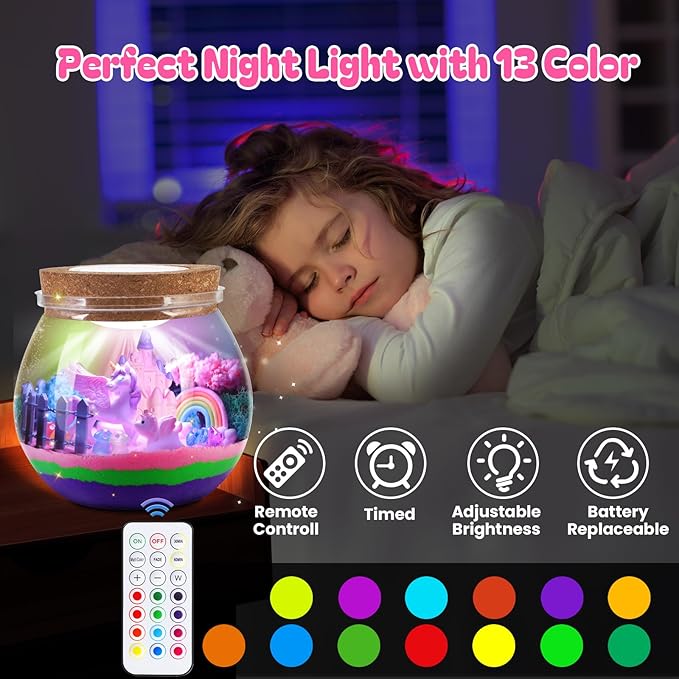 RONSTONE Uni-Corn Terrarium Kit Toys for Girls - Birthday for Girls Ages 4 5 6 7 8-12 Year Old - Light Up DIY Uni-Corn Arts and Crafts for Kids