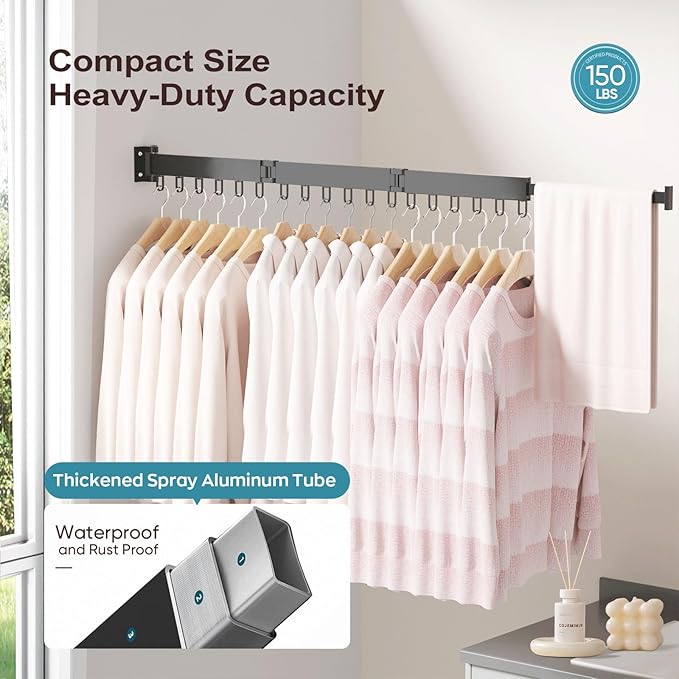 JAUREE Clothes Drying Rack Wall Mounted, Space-Saving Drying Rack Clothing, Collapsible Foldable Retractable Laundry Rack with 18 Hooks, Indoor/Outdoor, Black