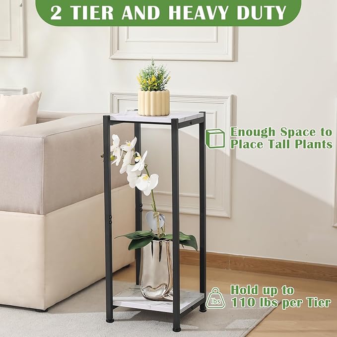 Dipion Tall Plant Stand Indoor,31 Inch Plant Stands,2 Tier Metal Plant Stand with Heavy Duty Wood,Marble White and Black