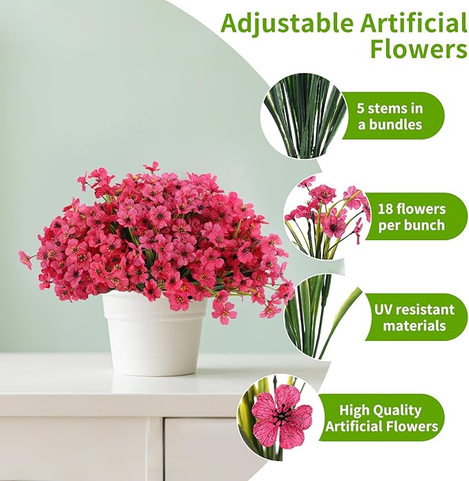 22 Bundles Artificial Flowers Outdoor, Faux Flowers UV Resistant with Plastic Plants, Faux Silk Flowers for Outdoors Outside Front Porch Hanging Planter Window Box Garden Decoration(Rose Red)