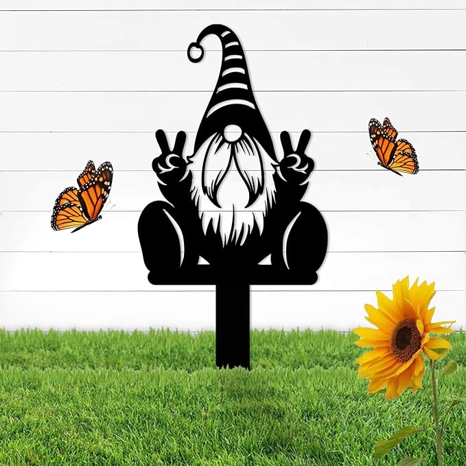 Magilab Personalized Iron Yard Stake - Christmas Cute Gnome Dwarves Decor, 8-Inch Black Metal Garden Sign for Outdoor (Style K)