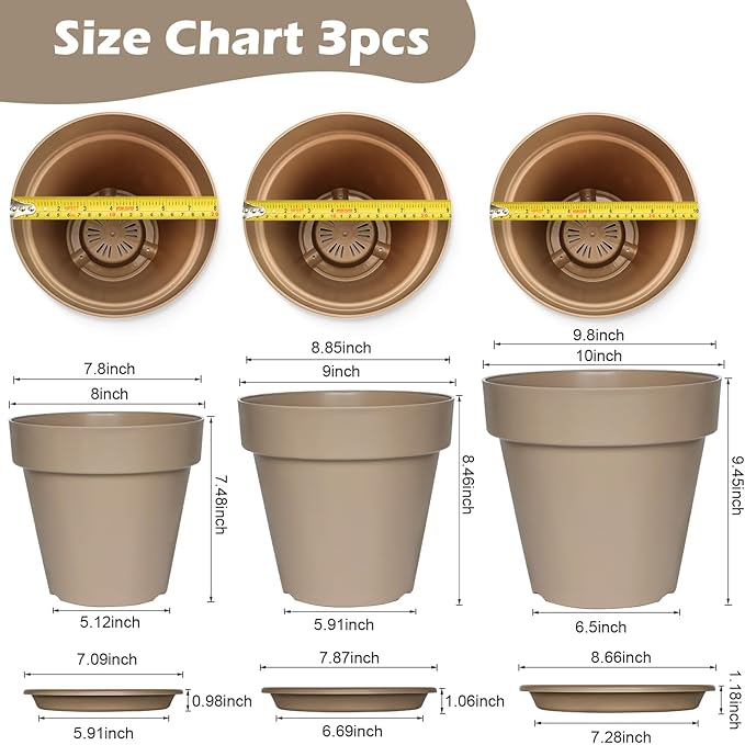 RooTrimmer 3-Pack 8/9/10 Inch Plastic Plant Pots with Saucers – Durable BPA-Free Planters with 21 Drainage Holes, Bottom Watering Design for Indoor & Outdoor Use, Succulents, Herbs, Flowers – Khaki