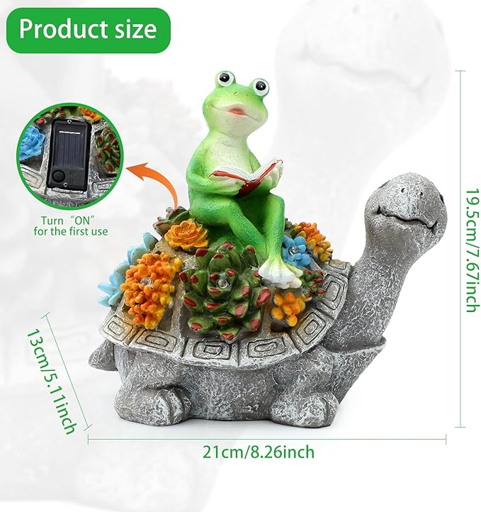 Solar Garden Outdoor Statues Turtle Back Frog Reading with Succulent and 6 LED Lights - Lawn Decor Tortoise Statue for Patio, Balcony, Yard Ornament - Unique Housewarming Gifts