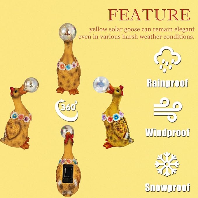Porch Goose Statue with Solar Bubble Light Garden Yellow Figurine Decor for Yard Lawn Patio Outdoor Decorations Housewarming Gifts for Mom Grandma Women