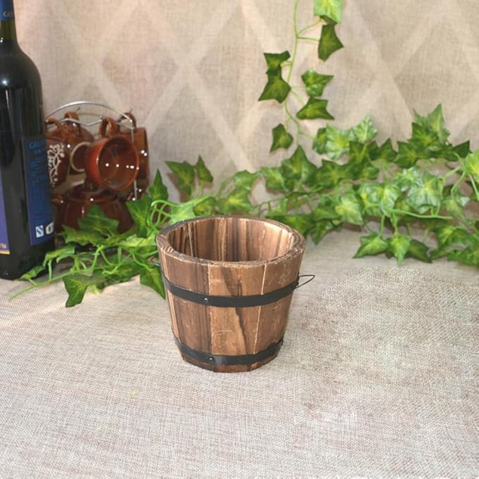 Wooden Round Barrel Flower Pot Planter with Breathable Bottom Hole for Home Office Garden Decor 7.08X5.9 Inches