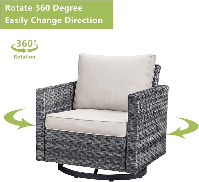 Wicker Outdoor Patio Furniture Set - 8 Piece Patio Conversation Set with 4 Swivel Rocker Chairs,2 Rattan Ottoman,1 Couch and 1 Metal Coffee Table for Outside Porch Deck Backyard(Mixed Grey/Beige)