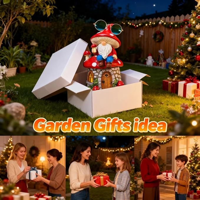 Solar Mushroom Gnomes Houses Figurine Lights, 8" Height Fairy Garden House LED Ornaments for Outside, Lighting Statue for Yard Patio Lawn Porch, Gardening Gifts for Women Mom Grandma