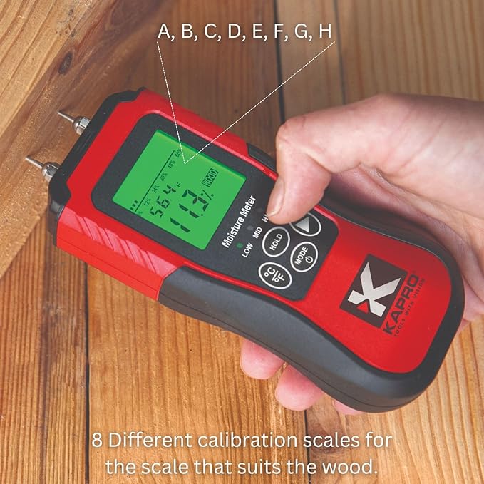 Kapro - 379 Moisture Meter with Temperature Detection - Measures Wood Moisture and Temperature in Fahrenheit and Celsius - Features 8 Calibration Scales - Back-Lit Display & Auto-Power Shut Off