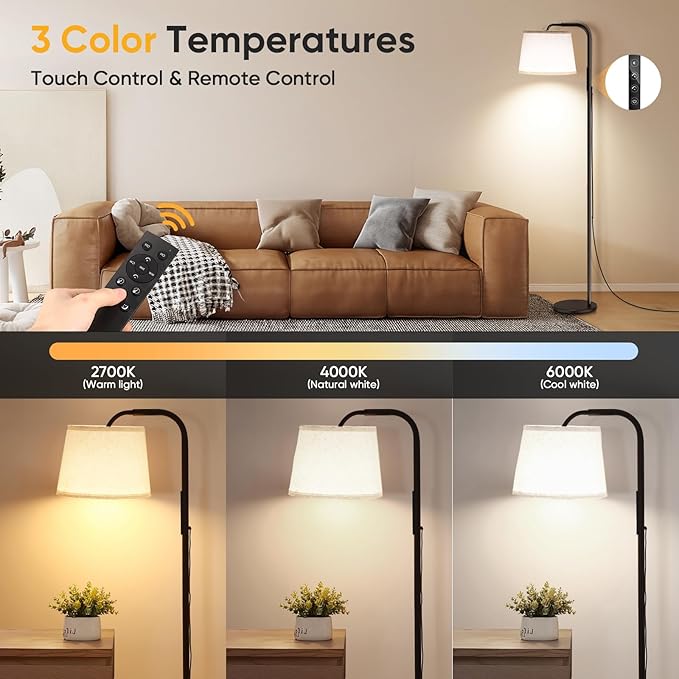 Caromolly Light Therapy Lamp, 10000 Lux Daylight Lamp with Remote & Touch Control, Adjustable Color/Brightness/Timer, Therapy Light Floor Lamp with Linen Shade for Bedroom, Office, Living Room