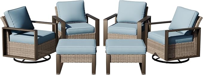Joyside Outdoor Patio Swivel Rocker Chairs, 5 Pieces Wicker Furniture Set, 2 Swivel Rocking Chairs and 2 Ottoman, Metal Wide Armrest, Thick Cushions and Deep Seating for Garden, Backyard, Porch, Deck