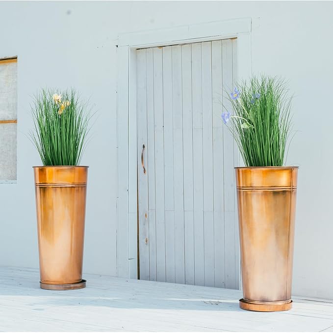 UltiTeque 28in Tall Copper Planters Set of 2,Galvanized Steel Tall Outdoor Planter for Indoor/porches- Copper Color(2planters,2inner pots with Holes,2trays)