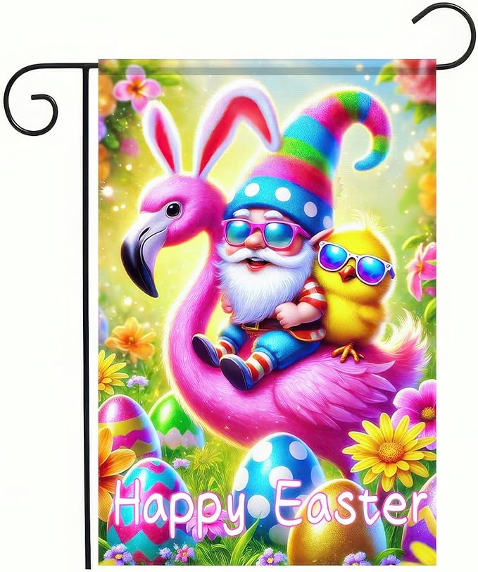 Happy Easter Garden Flag 12x18 Inch Double Sided Gnome Flamingo Chick Design with Easter Egg Small Outdoor Yard Flag Colorful Easter Banner for Porch Lawn Patio Spring Decor