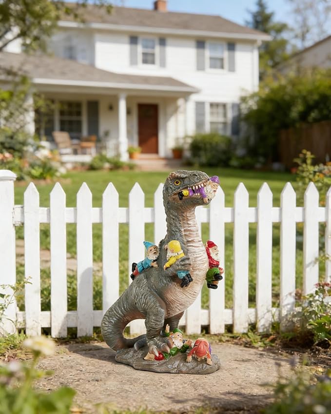 Dinosaur Garden Gnome Statue 12”, Yard Decorations Outdoor Garden Decor, Patio, Lawn Ornament, Gardening Gifts for Women for Housewarming