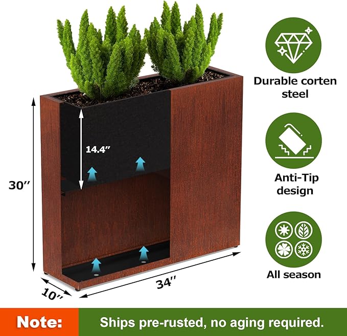 CYC Large Pre-Rusted Corten Steel Planter Box Outdoor, 30" H x 34" W x 10" D,Tall Rectangular Metal Planters with Grow Bag,Naturally Rusting Steel Flower Pot,Rustic Décor for Patio,Garden,Deck