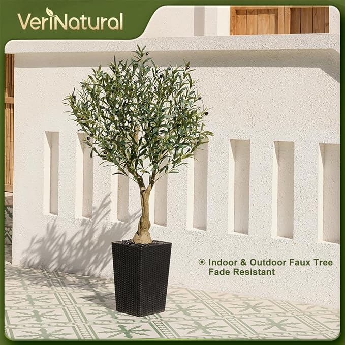 VeriNatural Artificial Olive Tree 5ft, Tall Fake Tree for Indoor & Outdoor Decor with Black Pot & Pebbles, UV Resistant Silk Leaves, Realistic Faux Potted Plant for Living Room,Office,Home Decor,VN137