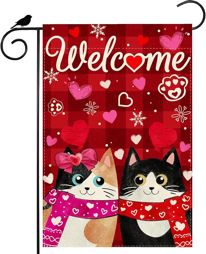 Welcome Valentine’s Day Garden Flag Romantic Love Heart Couple Cats Paw Yard Flag 12x18 Inch Double Sided Small Mini Yard Outdoor Outside Holiday Decoration