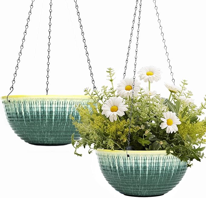 LESOASIS 10inch Hanging Planter, 2 Pack Hanging Planters for Indoor and Outdoor Plants, Glazed Hanging Plant Holder with Drainage, Indoor Hanging Flower Pots for Garden Home (Green Glaze)