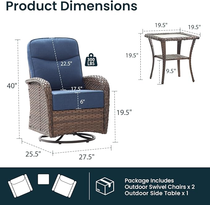 Luxury 6-Inch Cushion Outdoor Swivel Rocker Patio Chairs with Side Table, High Back Wicker Patio Furniture Set for Deck Porch Garden Balcony and Poolside Blue Cushion