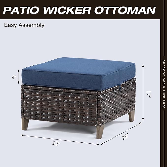 Joyside Patio Ottoman Set of 2, All Weather Outdoor Rattan Ottomans Patio Footstools with Removable Cushions for Garden Backyard Porch (Beige)