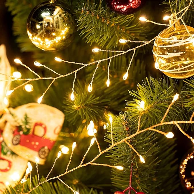 Plug in Firecracker Lights 20FT 200 LED Warm White Copper Wire Indoor Cluster Fairy Lights with Remote Timer for Bedroom, Living Room, Tree, Garden, Porch, Patio, Backyard, Christmas Tree